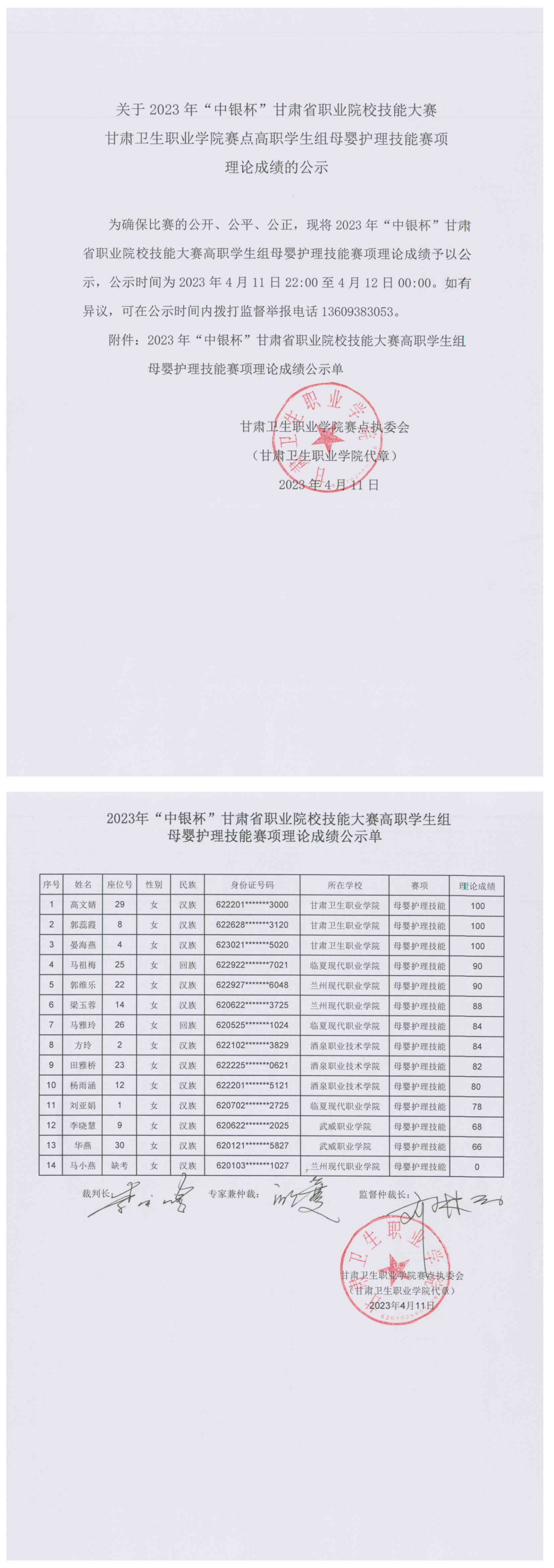 02关于2023年“中银杯”甘肃省职业院校技能大赛天游8线路检测中心赛点高职学生组母婴护理技能赛项理论成绩的公示.png